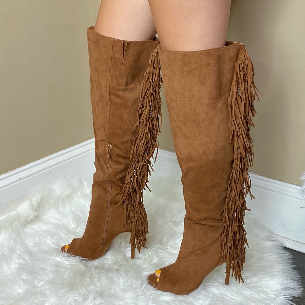 Viva Cognac Suede Fringe Boots